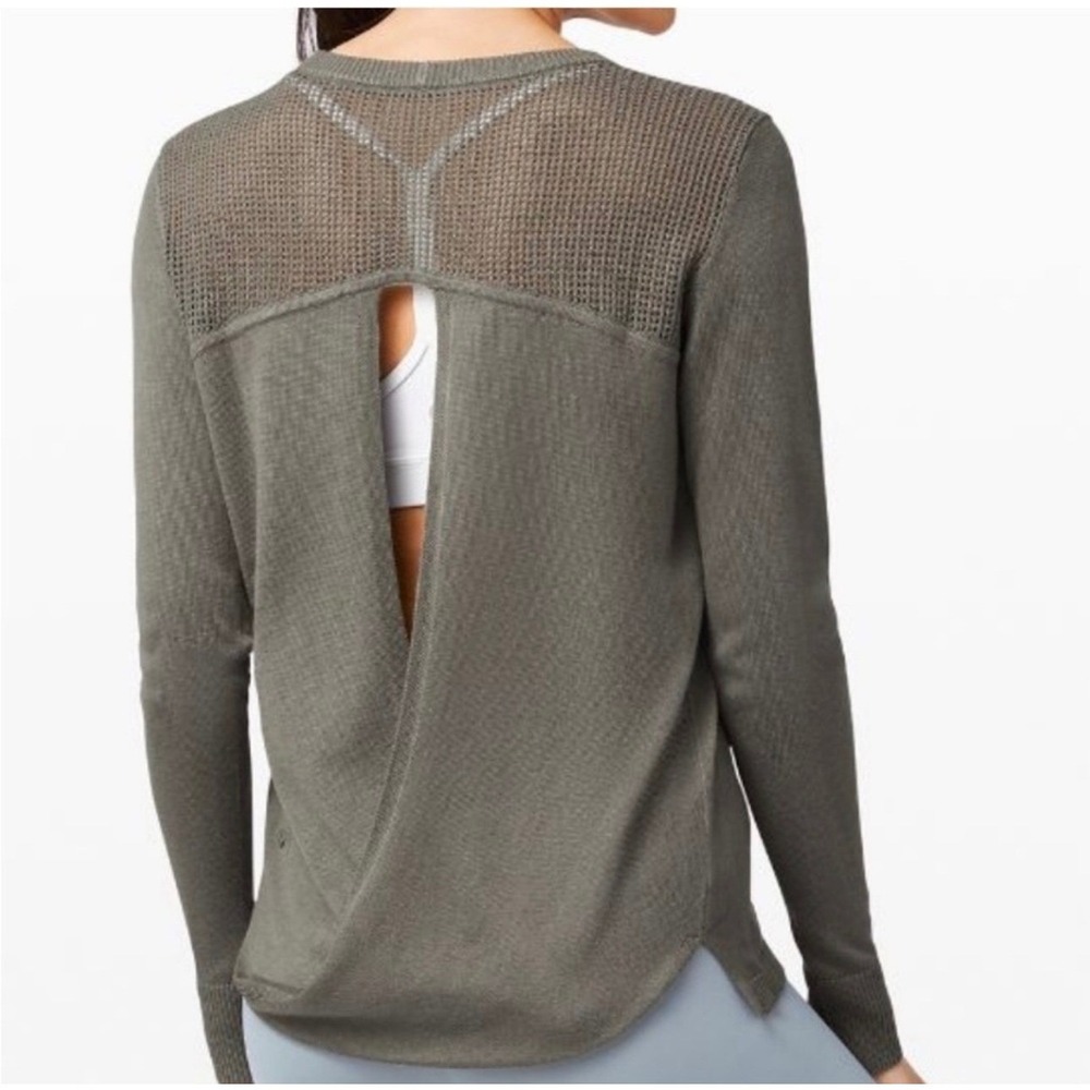 Lululemon Athletica Olive Green Open Back Mesh Panel Crewneck Sweater Women 4